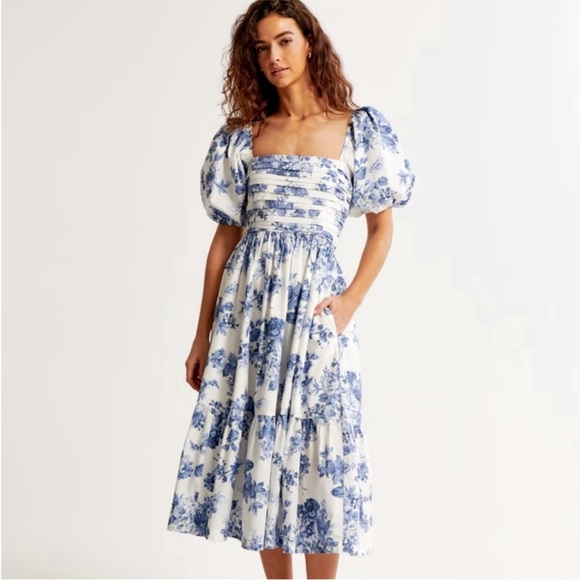 Abercrombie & Fitch Dresses & Skirts - Abercrombie & Fitch Emerson Blue Floral Puff-Sleeve Midi Dress